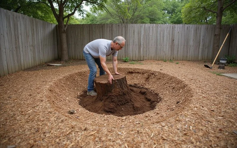 Austin homeowner inspecting a filled hole after stump grinding