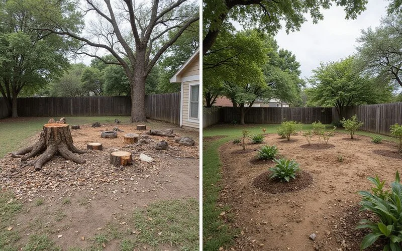 Before and after yard restoration showing stump grinding and new planting after ice storm damage