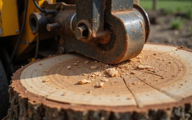 Close up of a stump grinder cutting through hardwood in Central Texas