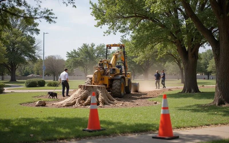 Commercial stump grinder removing large stump from HOA park area while residents walk nearby