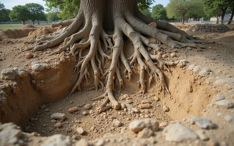 Excavated building site showing extensive tree root network that must be cleared before construction starts