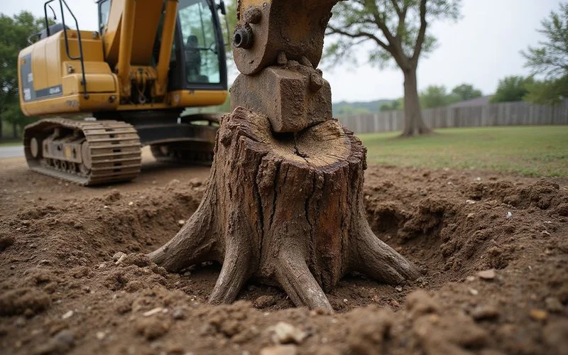 Excavator pulling entire tree stump and root ball out of the ground