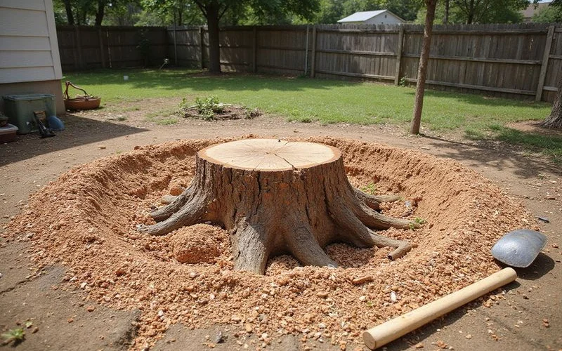 Finished pecan stump removal site with fresh wood chips and level ground ready for landscaping