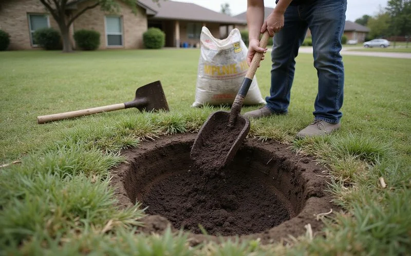 Filling the stump grinding hole with topsoil and compost mix