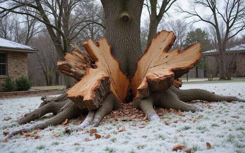 Large cedar tree split in half from ice weight with exposed stump in an Austin front yard