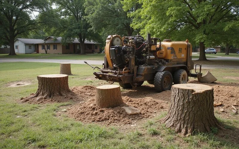 Large stump grinding machine moving between multiple stumps on a residential property in Central Texas