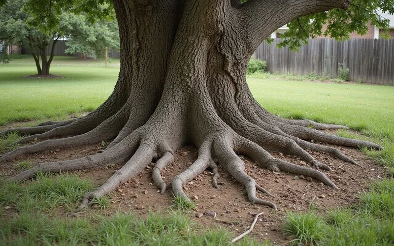 Live oak surface roots spreading across backyard lawn with visible soil erosion around root ridges