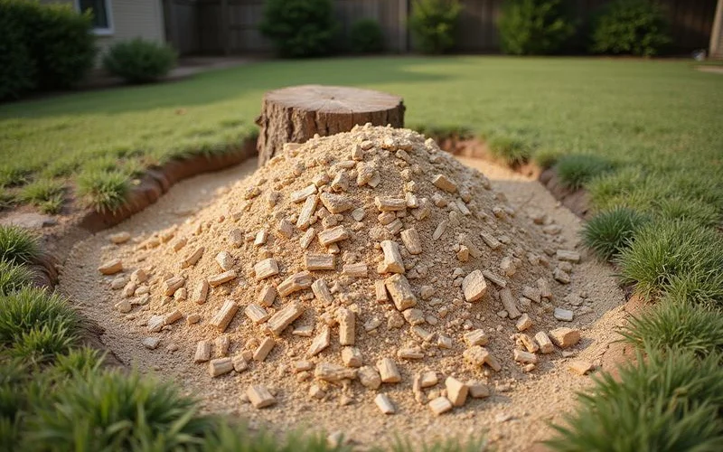 Fresh wood chips and mulch from stump grinding next to a garden bed