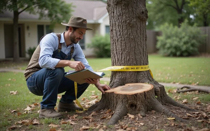 Professional arborist measuring stump diameter for a cost estimate