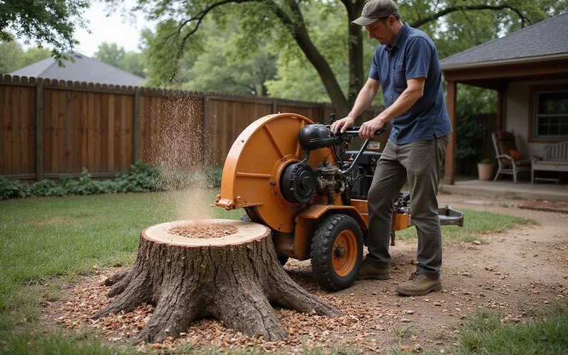 Professional stump grinder working on a mature pecan tree stump in Austin residential yard