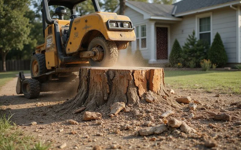 Professional stump grinding machine removing termite infested stump near an Austin home