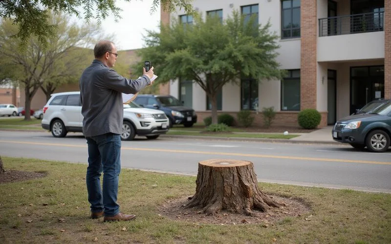 Property manager documenting stump removal with photos and inspection report for liability records