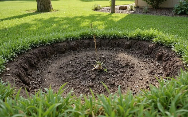 Restored lawn area after surface root treatment with fresh topsoil and new grass seed in Austin yard