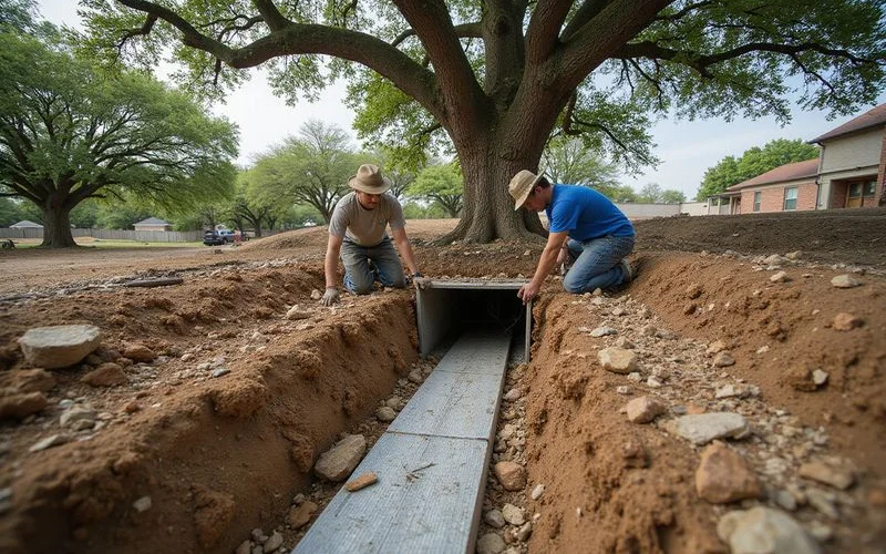 Root barrier installation between a large oak tree and a residential sewer line