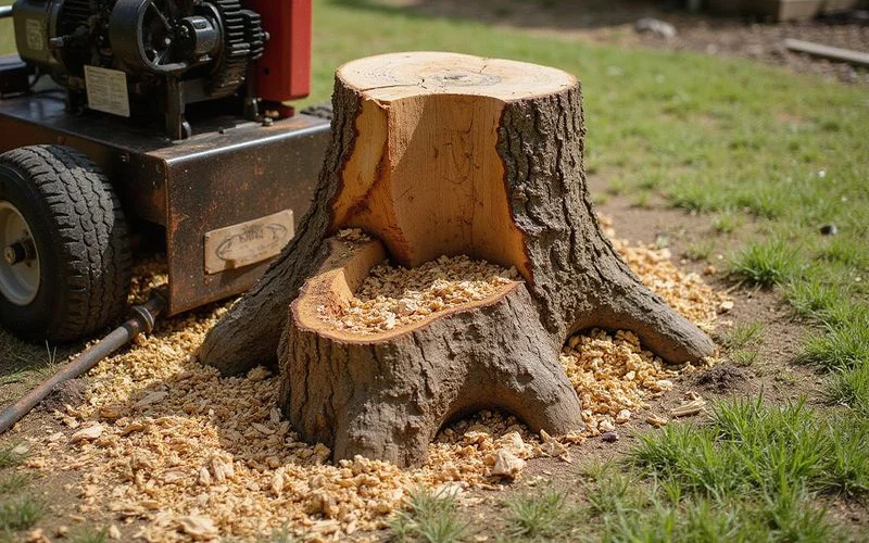 Stump grinder shredding a tree stump into wood chips below ground level