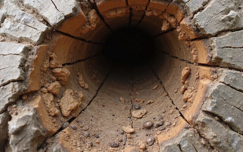 Subterranean termite colony tunnels visible inside rotting tree stump wood