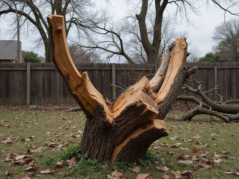 Storm damaged tree stump requiring emergency removal