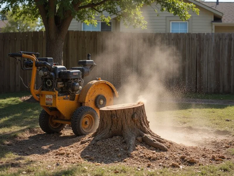 Commercial stump grinder in action on residential property