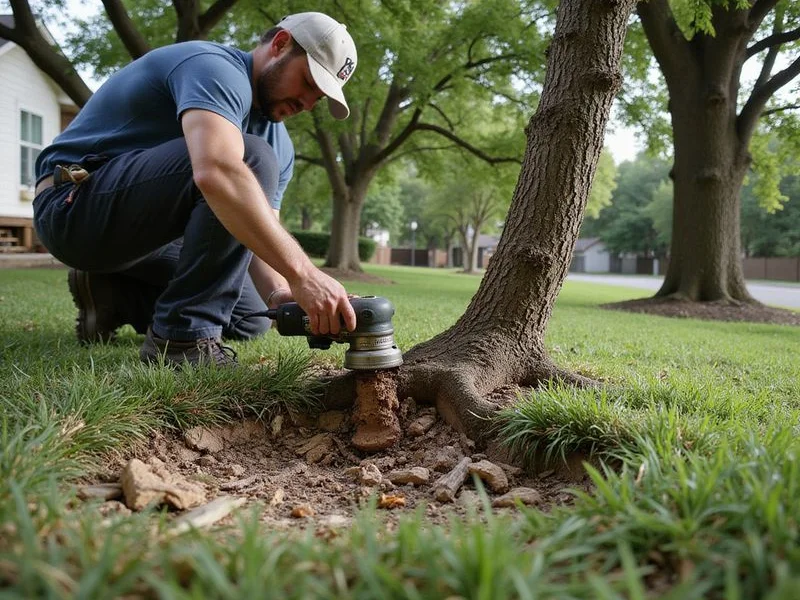 Surface tree roots being ground in residential lawn